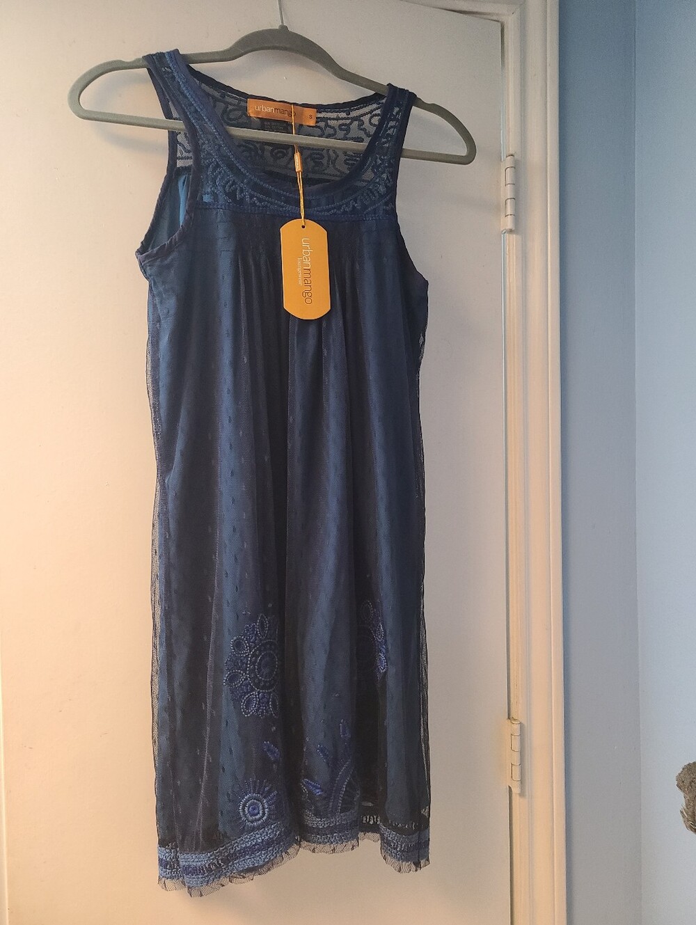 Urban MANGO Boho Dark Blue Sleeveless Embroidered Tank Dress
